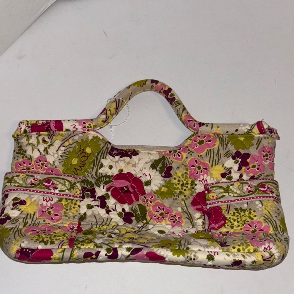 VERA BRADLEY GREEN GRAY PINK WHITE COLORFUL QUILTED BAG SLIP POCKETS ON SIDE